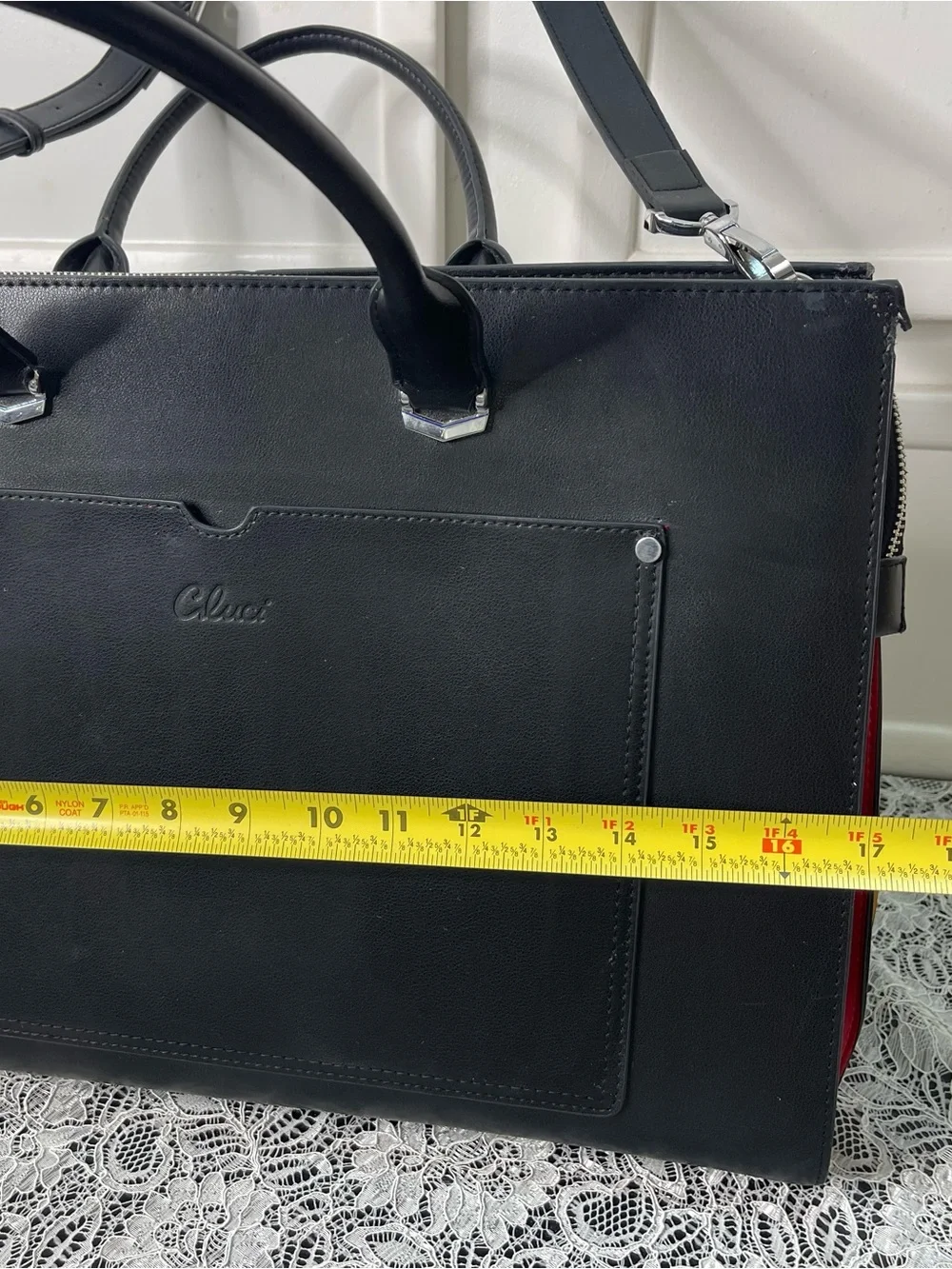 Cluci Black Vegan Leather Laptop Briefcase Shoulder Bag Tote Colorblock Gusset